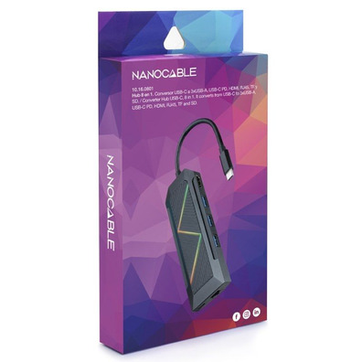 Nanocable Hub USB 3.0 10.16.0801 USB/USB-C/HDMI/RJ45/Reader Black Card