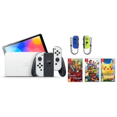 Nintendo Switch OLED (Blanca) + 3 Games + Joy Con Set (Blue/Yellow)