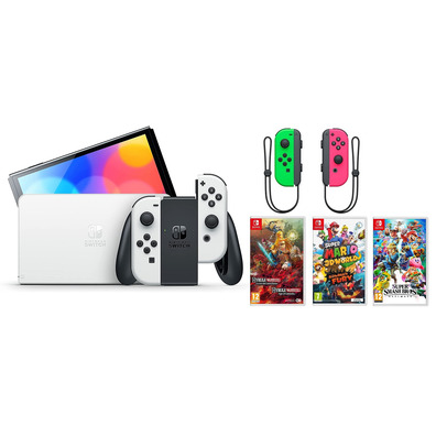 Nintendo Switch OLED (Blanca) + 3 Games + Joy Con (Verde/Rosa)