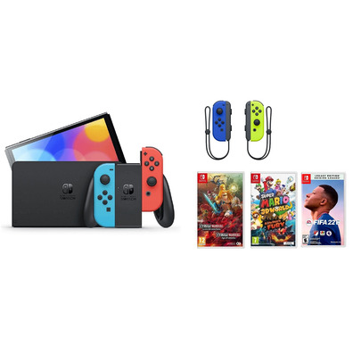 Nintendo Switch OLED (Blue/Red Neon) + 3 Games + Joy Con Set (Blue/Yellow)