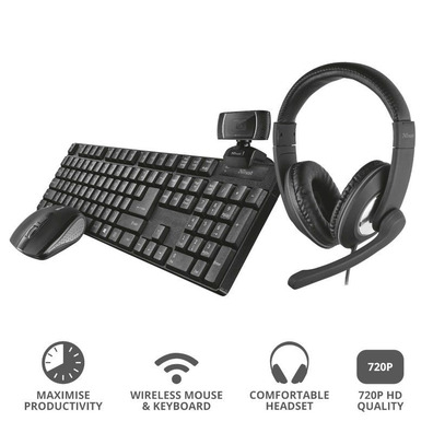 Pack 4 in 1 Trust QOBY Home Office Set (Webcam + Keyboard + Mouse + Headphones)