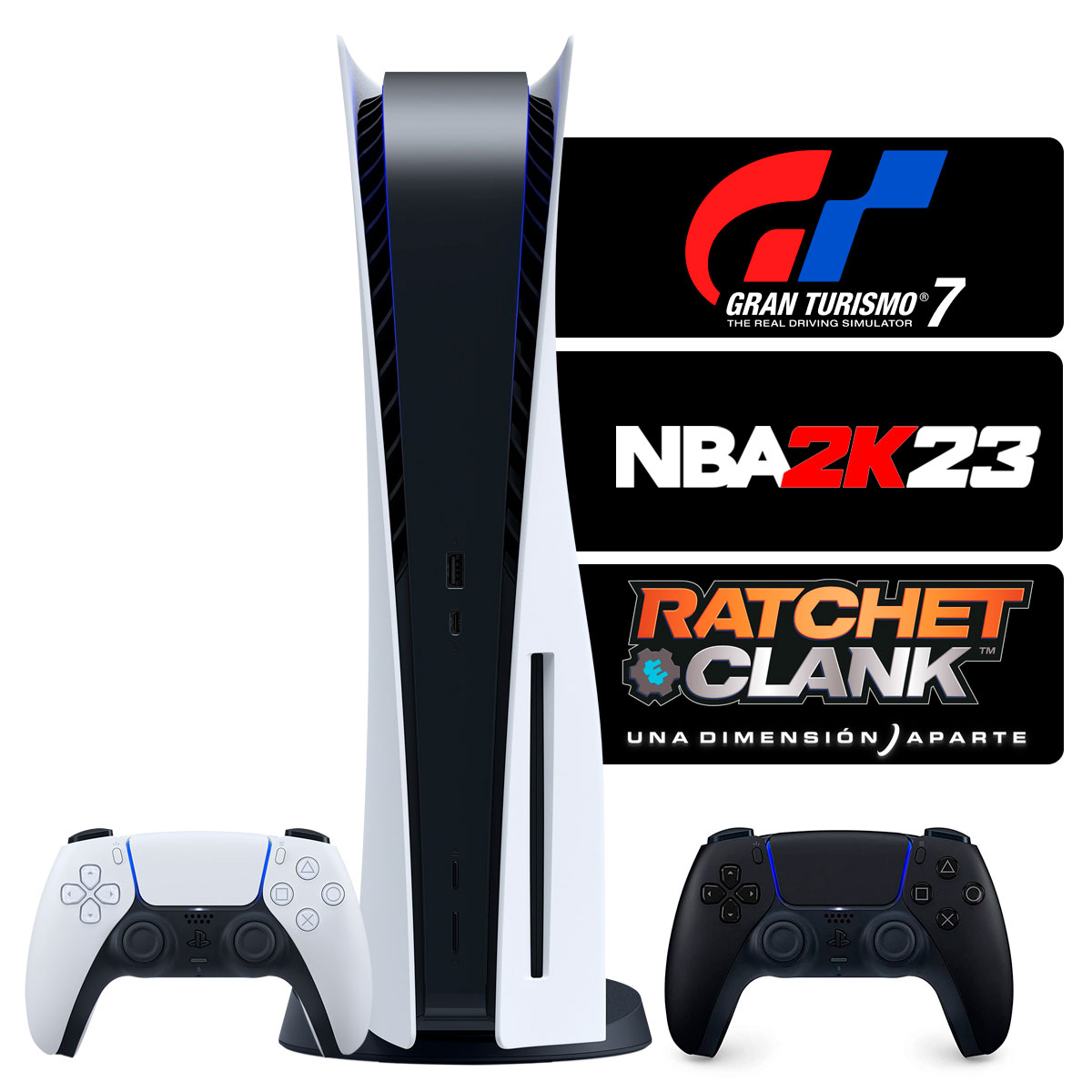 PS5 + 2 Mandos + GT7 + NBA 2K23 + Ratchet - DiscoAzul.com
